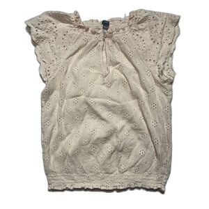 Aerie Cream White Eyelet Top Blouse Cottagecore Boho Smocked Hem - Small Petite